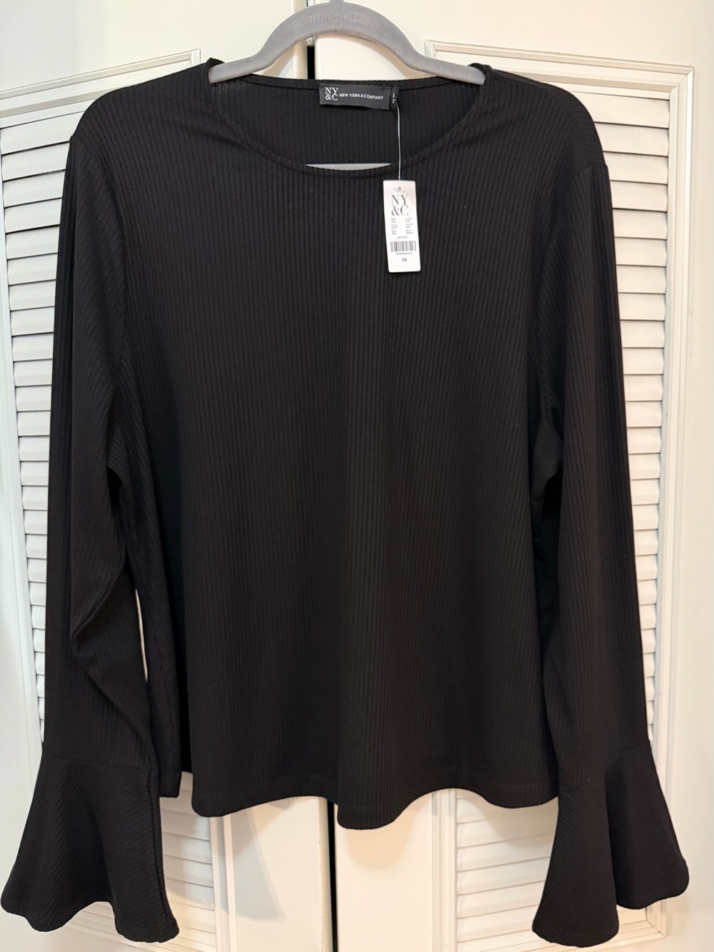 New York & Company Black Ribbed Long-Sleeve Top with Flared Cuffs